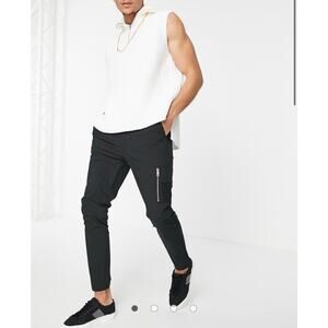ASOS Design Skinny Black Nylon Elastic Waist Trousers Men's 28x26 Crop